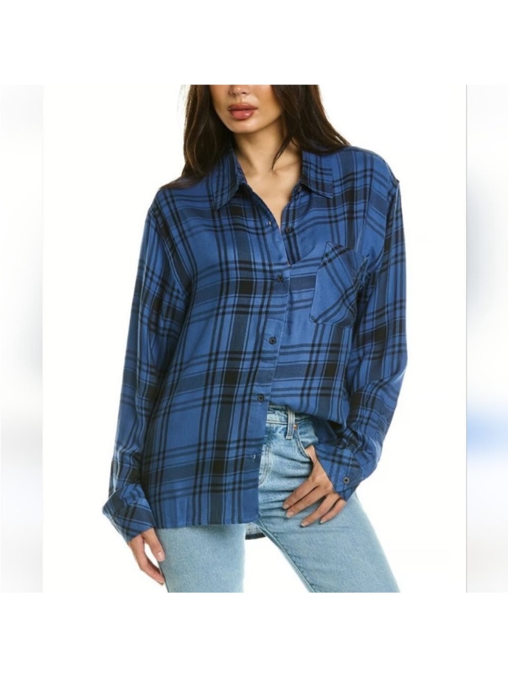 We Wore What NWT Women's XXS/XS Boyfriend Plaid Button-Up Relaxed Shirt Blue - Picture 2 of 7